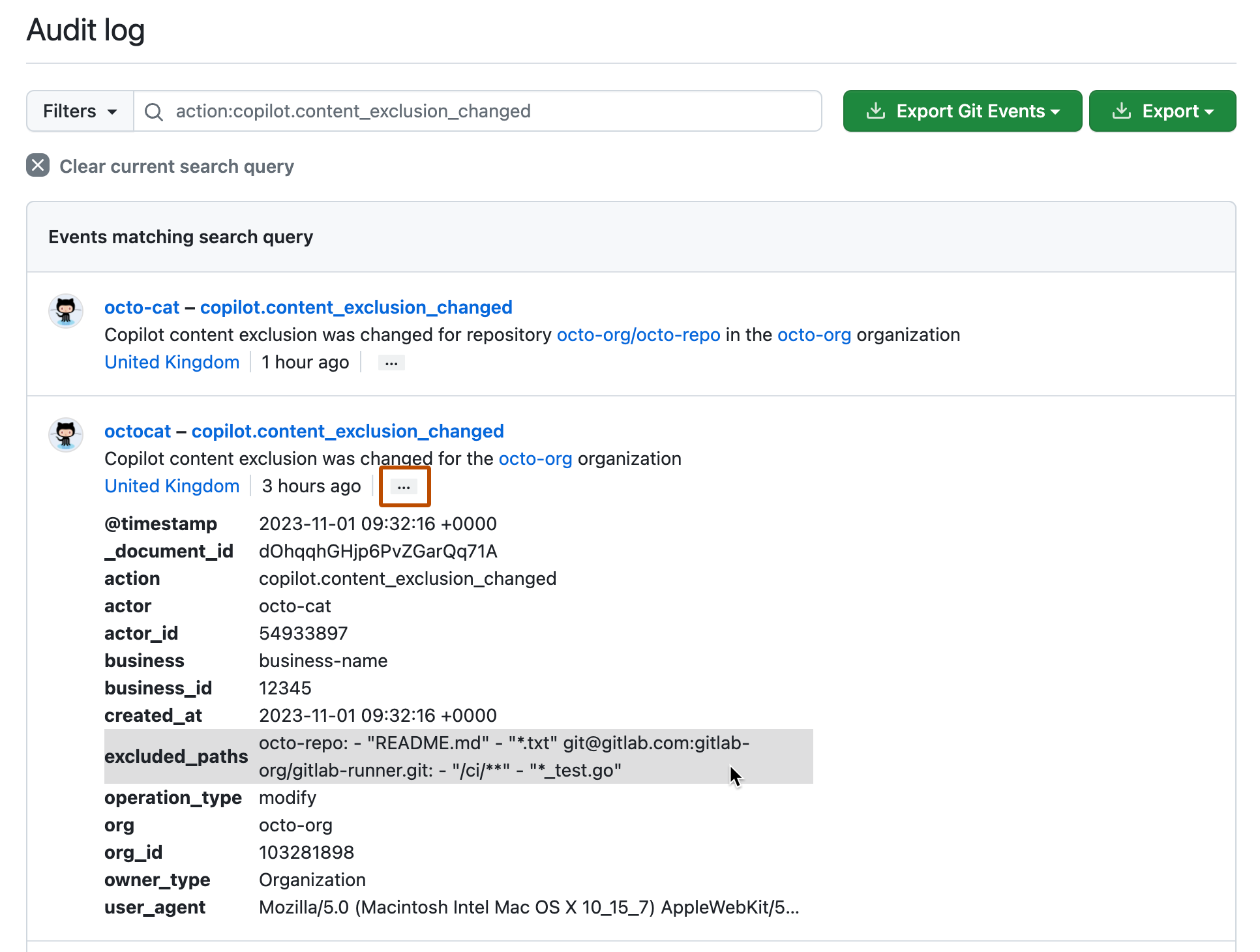 GitHub audit log details for a Copilot content exclusion change