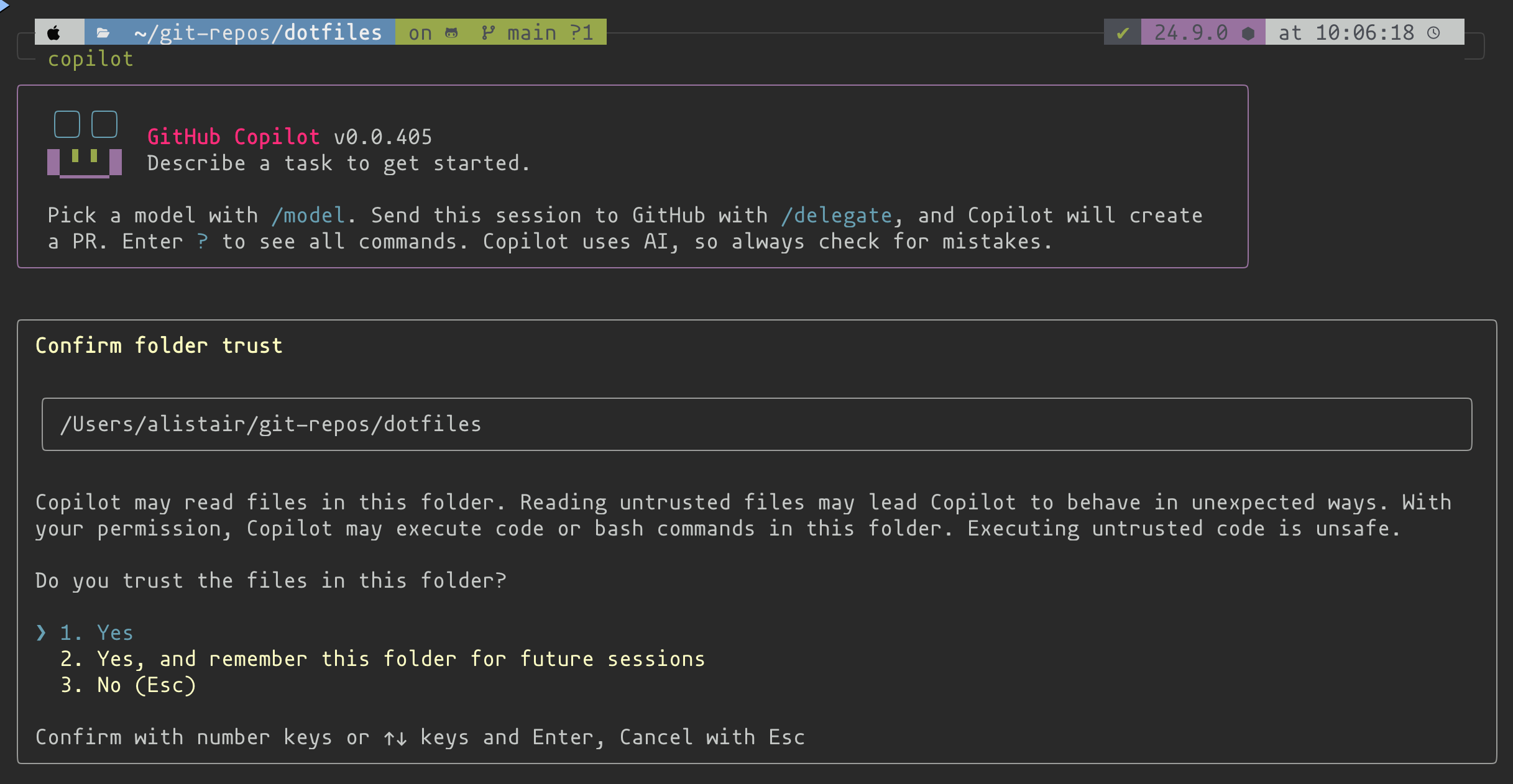 GitHub Copilot CLI welcome screen in an interactive terminal session
