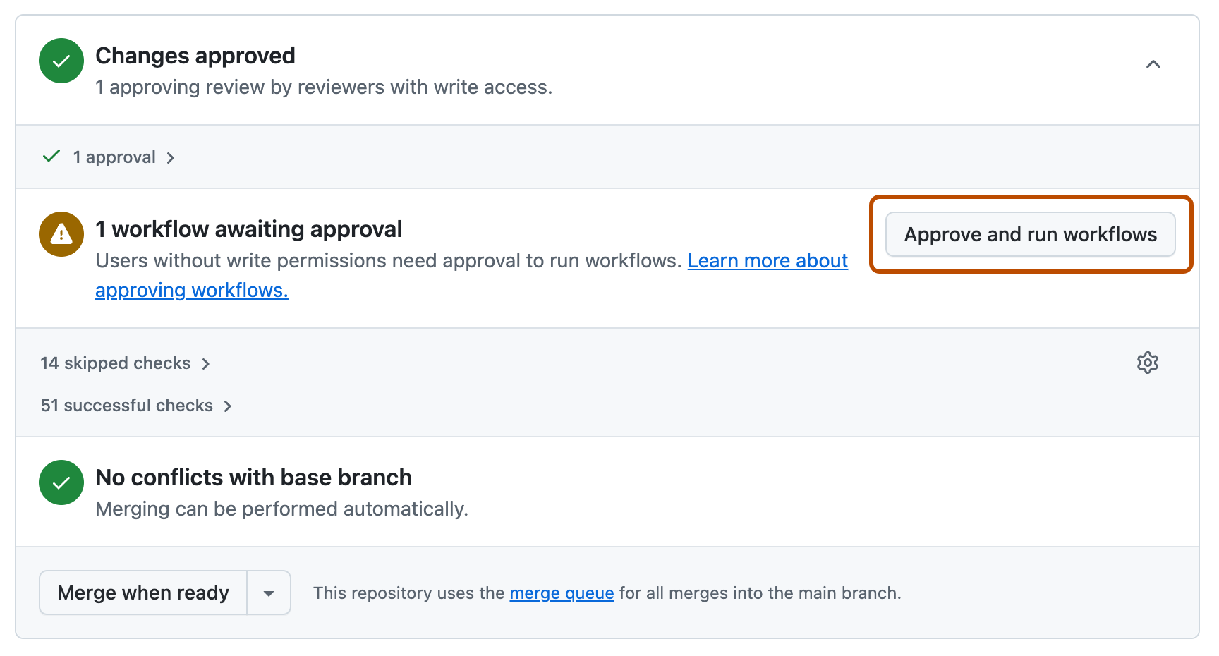 Pull request merge box for a Copilot-created pull request with the Approve and run workflows button