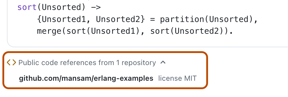 Copilot Chat response showing a link to public code references