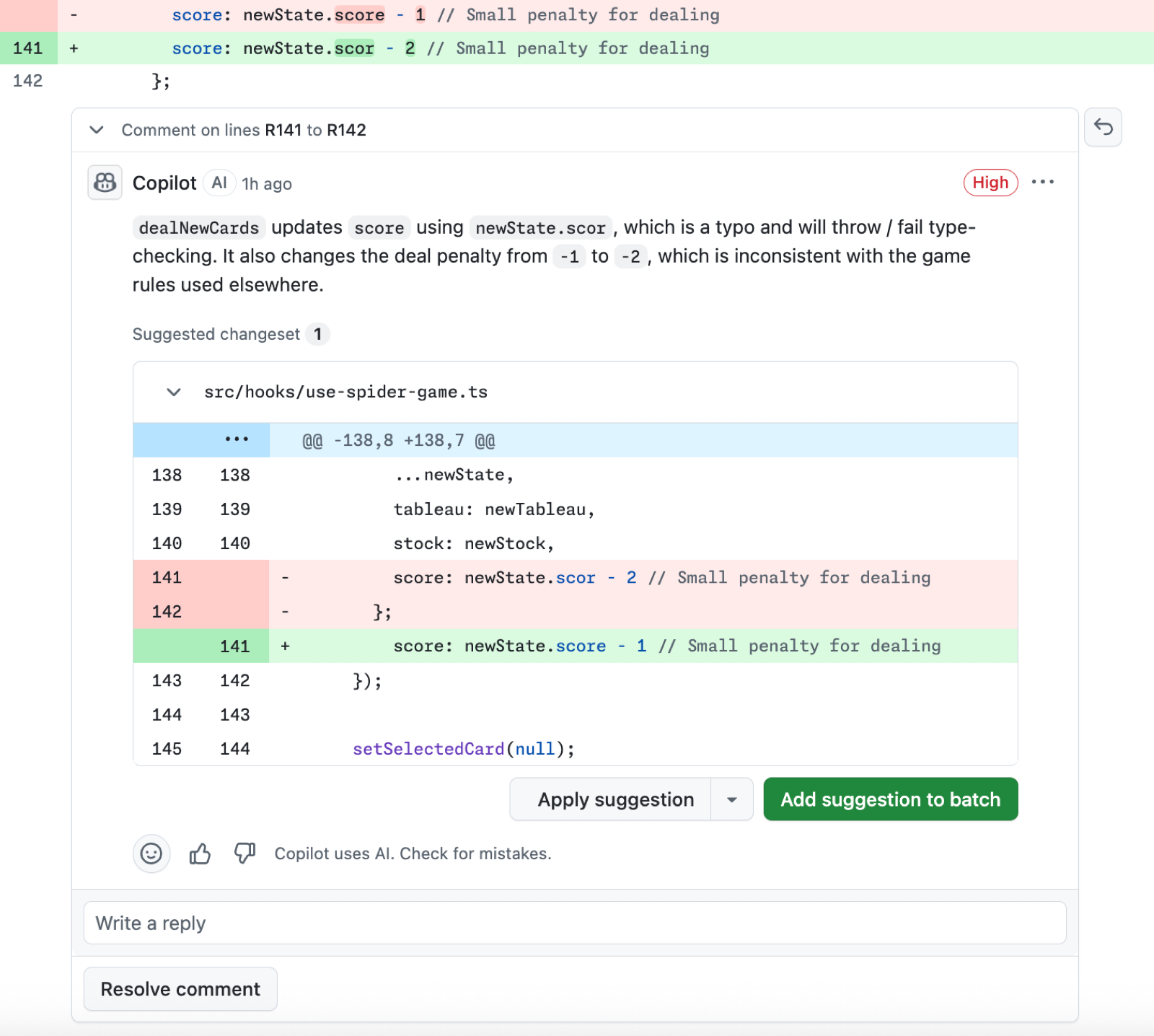 A code review comment left by GitHub Copilot on a pull request