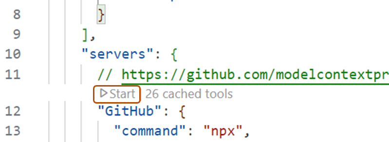 MCP server configuration in Visual Studio Code with the Start button highlighted