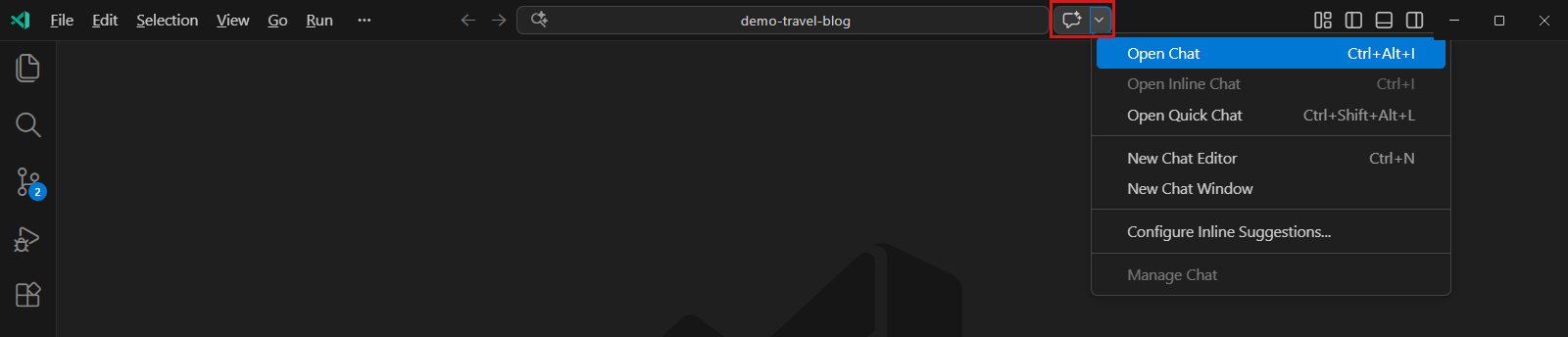 Copilot Chat button highlighted in the Visual Studio Code title bar